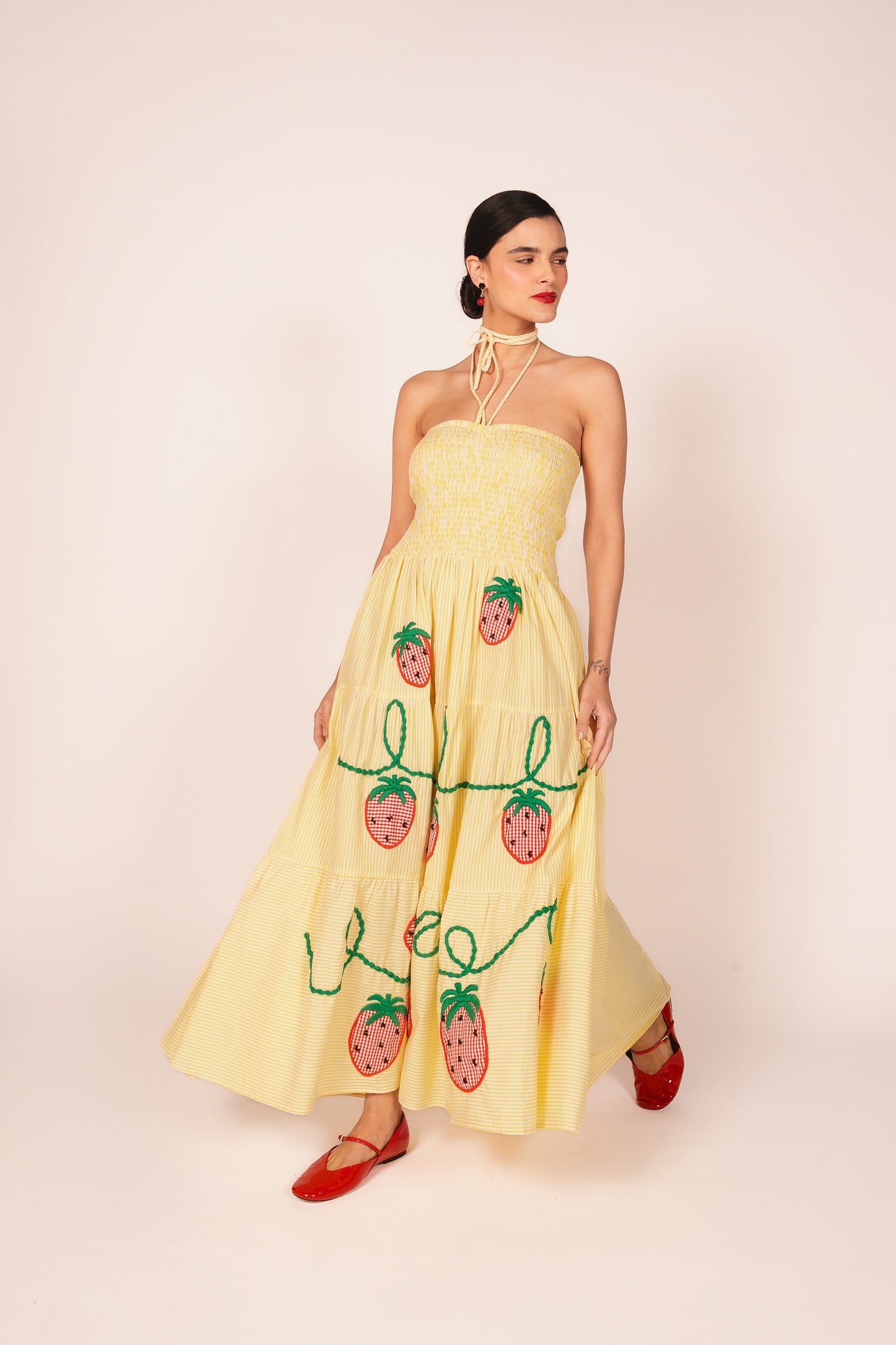 Vestido Nina Morangos - listrado amarelo