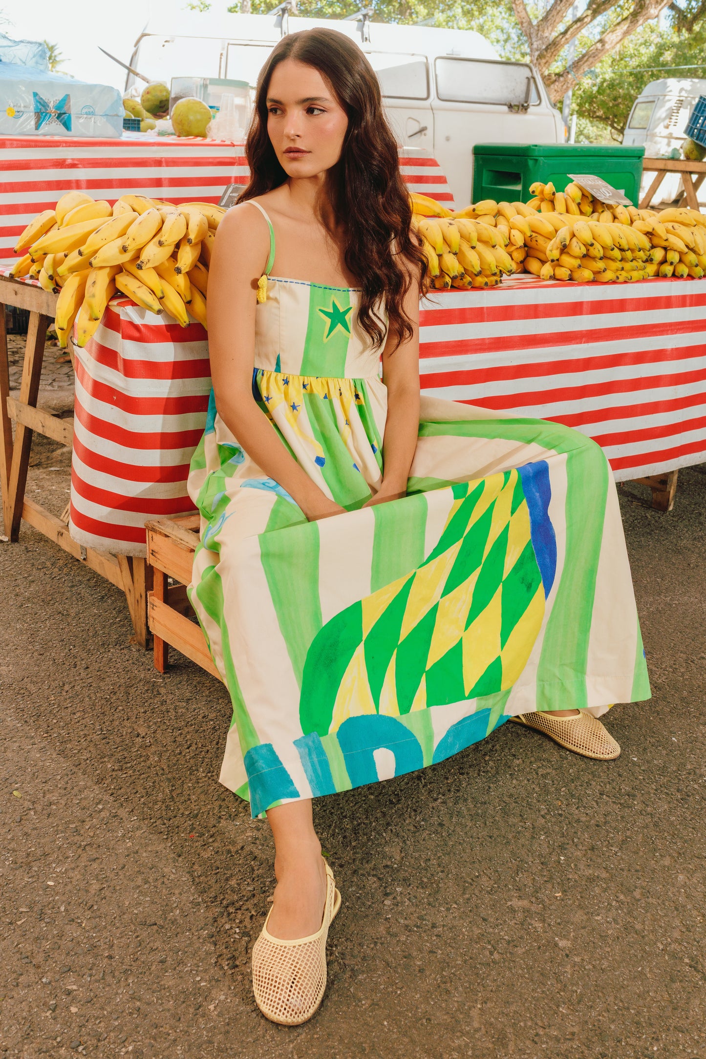 Vestido Thalia Tropical - listras verdes