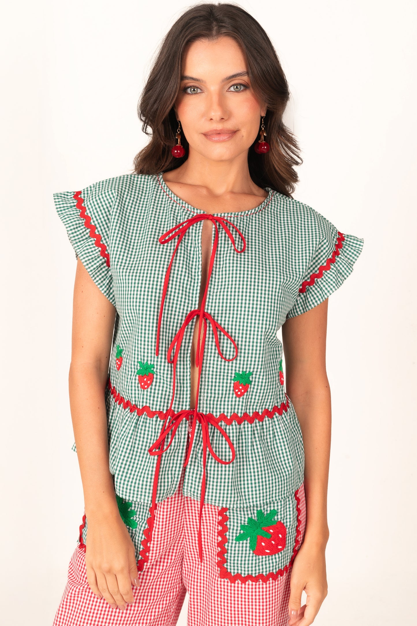 Calça Maria Morangos - vichy vermelho