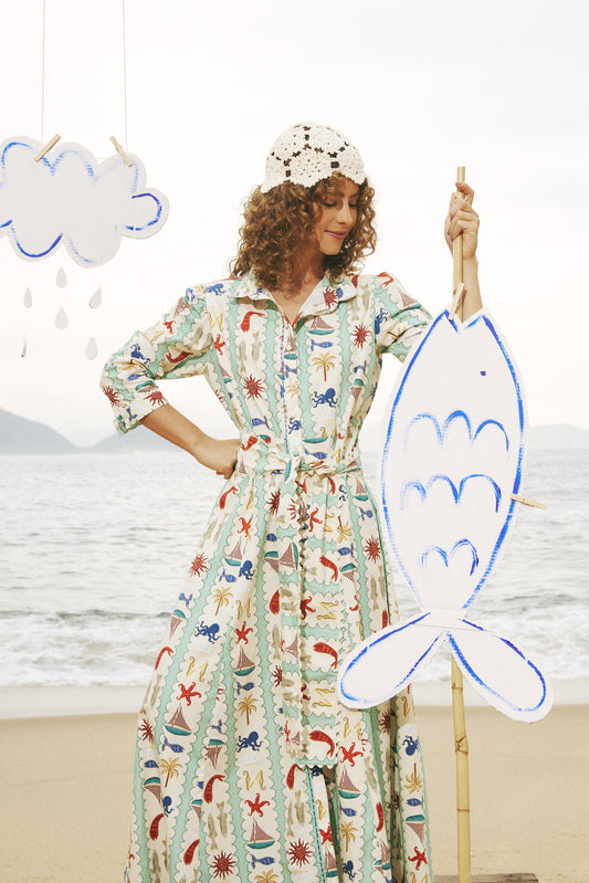 Chemisier Velejar - listrado verde-água