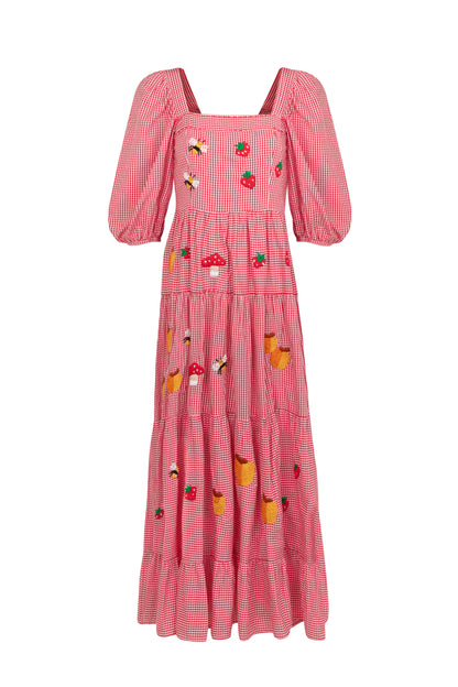 Vestido Amanda Doçura com manga - vichy vermelho