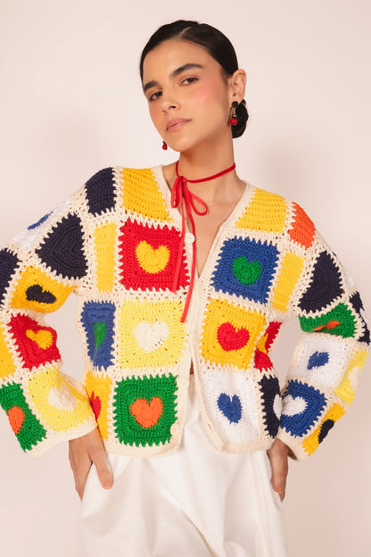 Casaco Crochê Corações - colorido