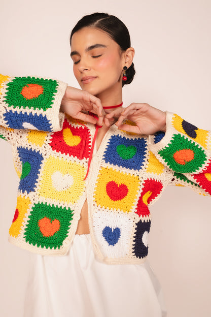 Casaco Crochê Corações - colorido