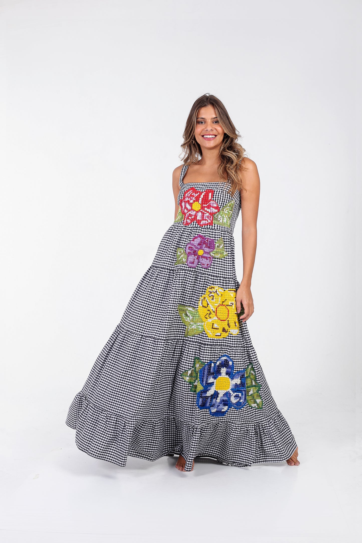 Vestido Amanda Flor Ponto Cruz - vichy preto