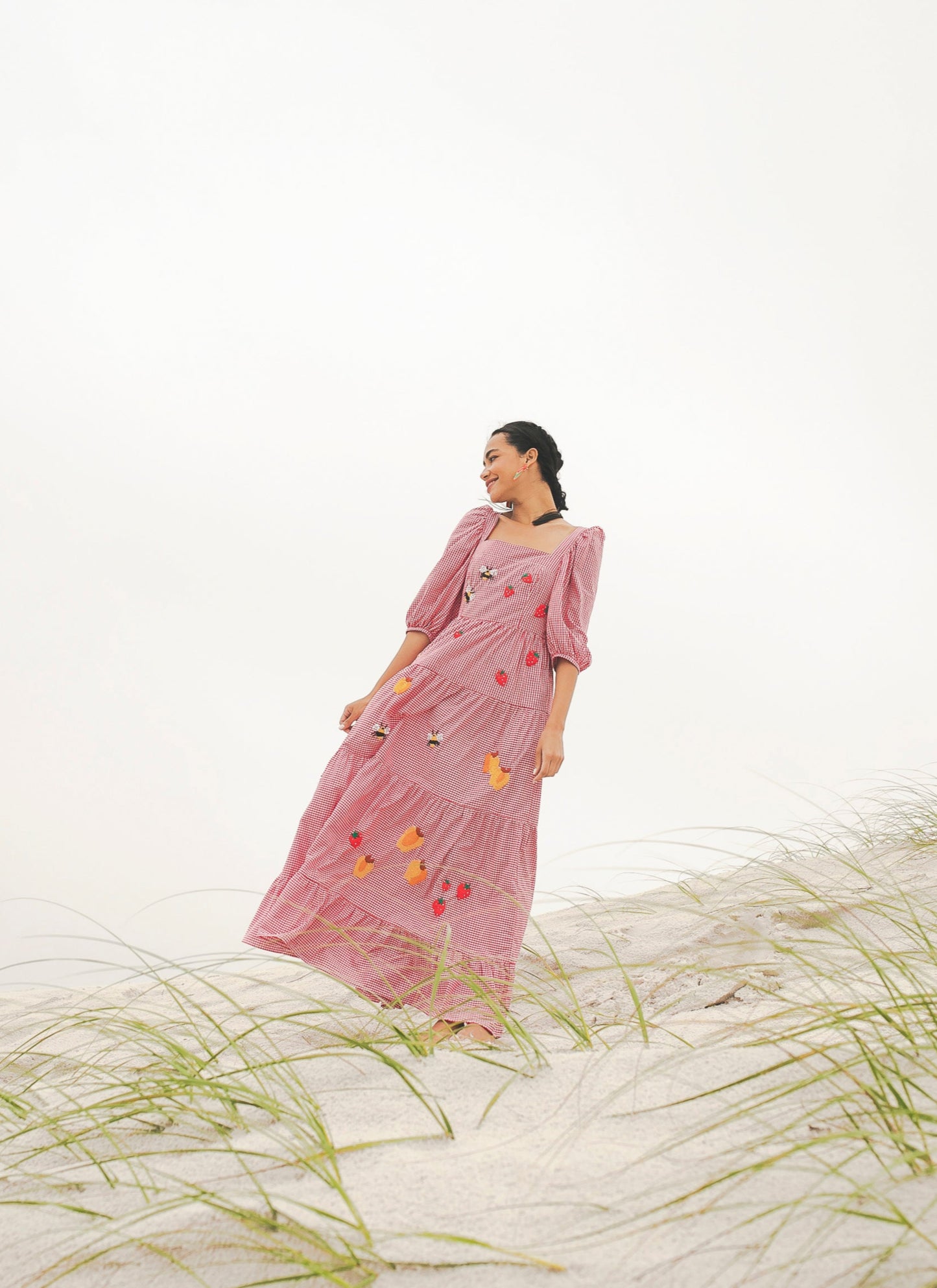 Vestido Amanda Doçura com manga - vichy vermelho