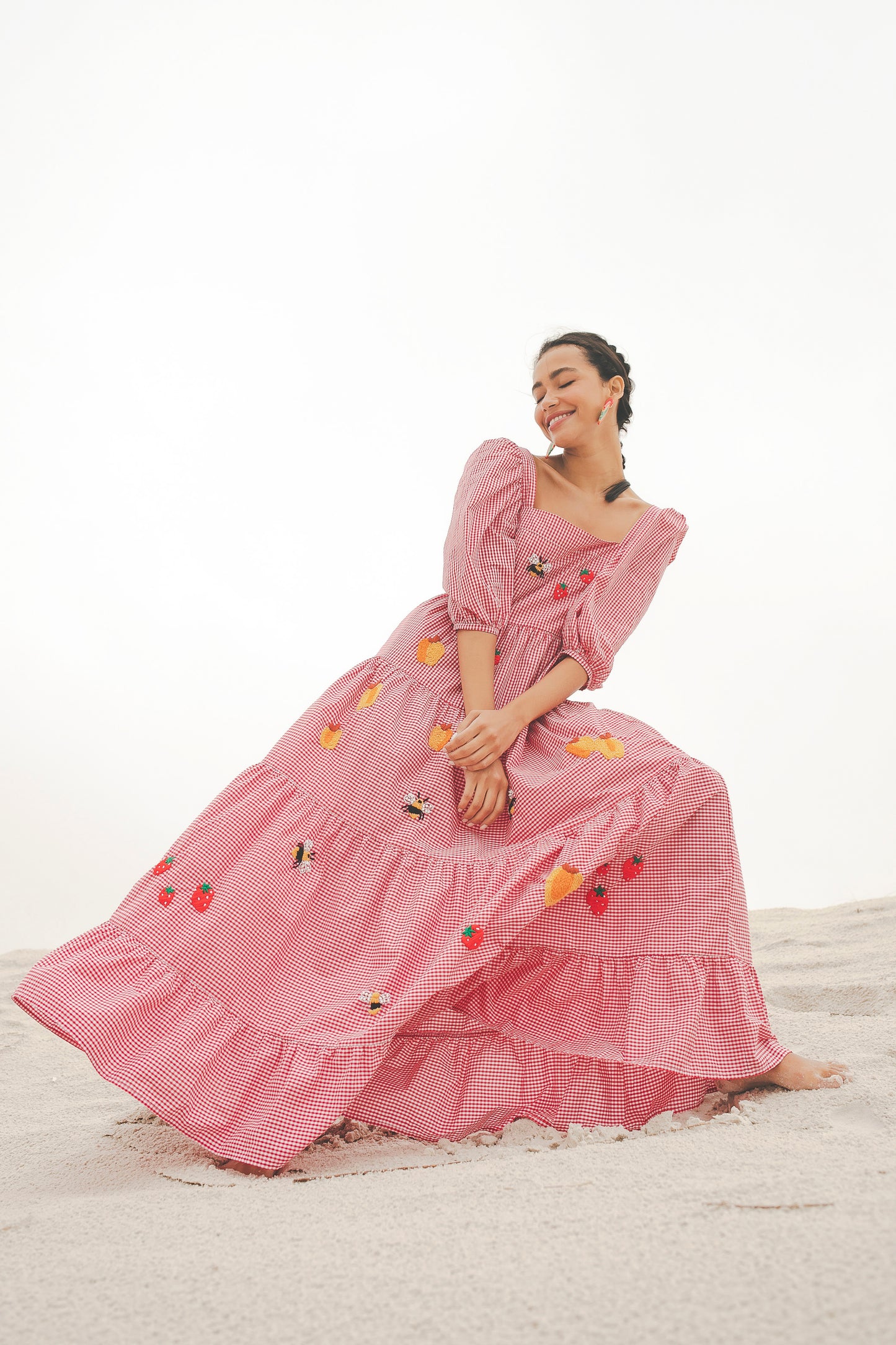 Vestido Amanda Doçura com manga - vichy vermelho