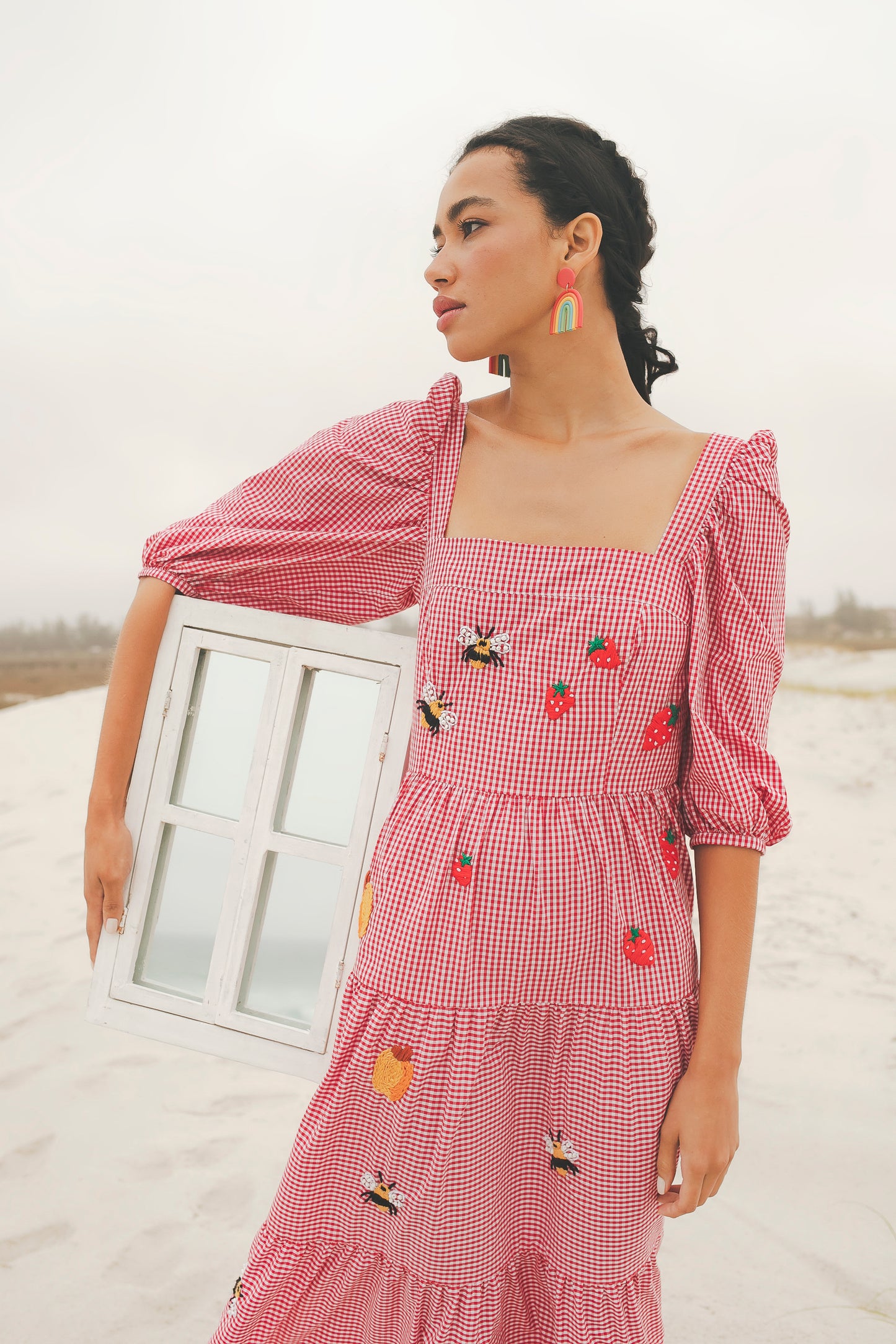 Vestido Amanda Doçura com manga - vichy vermelho