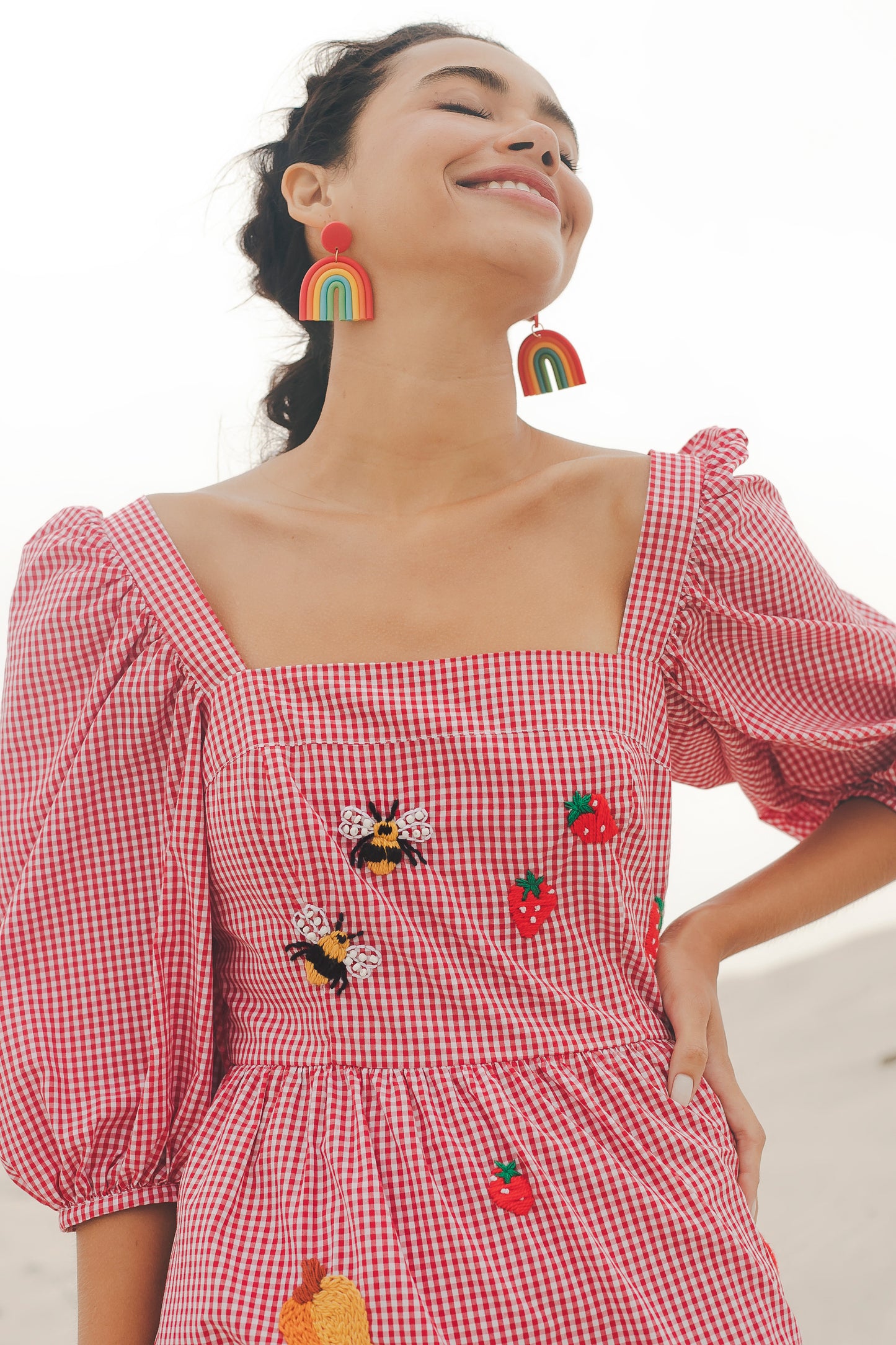 Vestido Amanda Doçura com manga - vichy vermelho