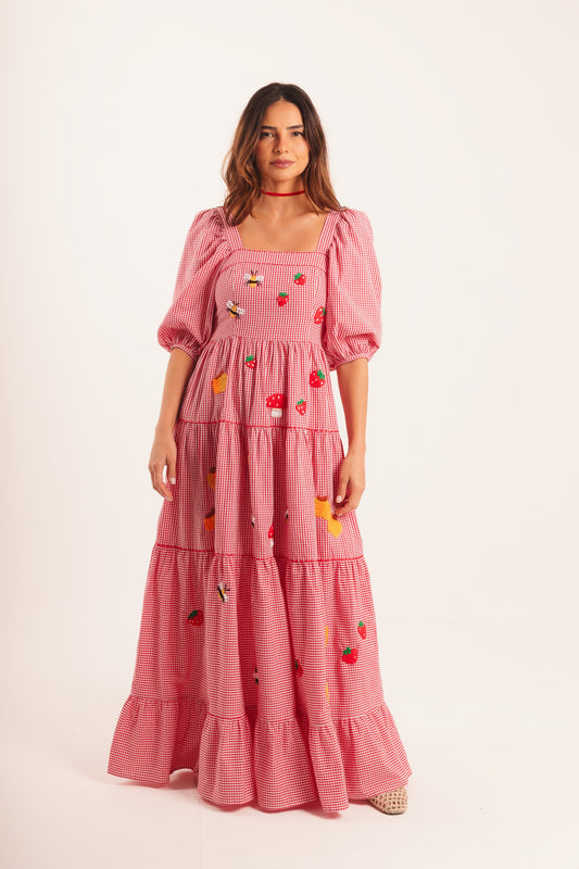 Vestido Amanda Doçura com manga - vichy vermelho