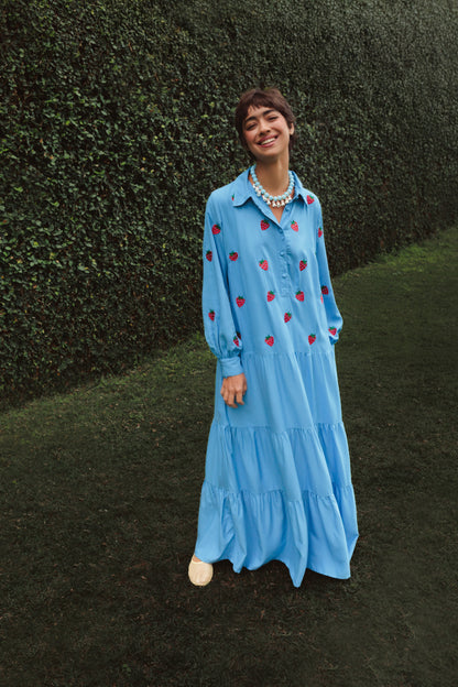 Vestido Sampa Morangos - azul médio