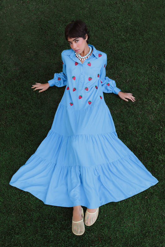 Vestido Sampa Morangos - azul médio