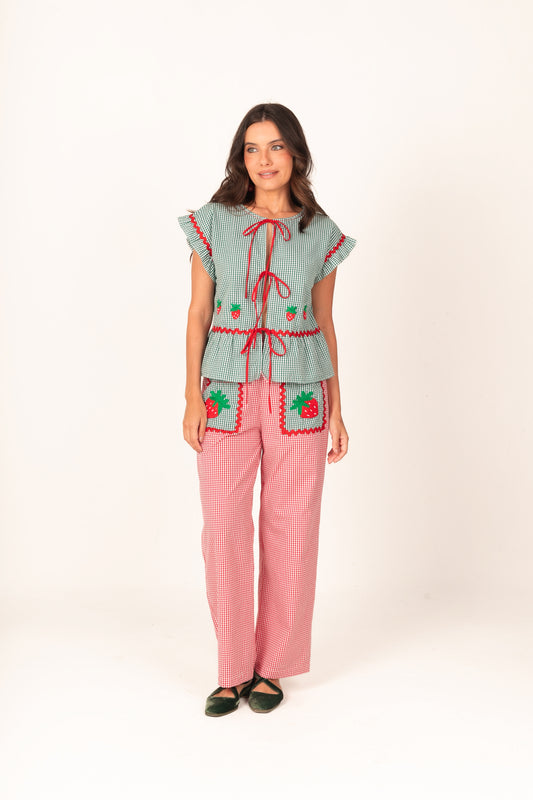 Calça Maria Morangos - vichy vermelho