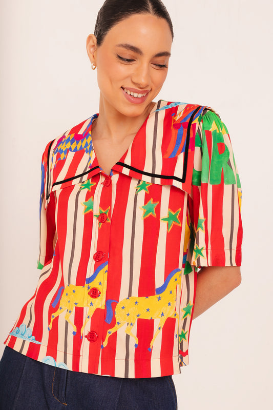 Camisa Sorriso Circo - listras vermelhas