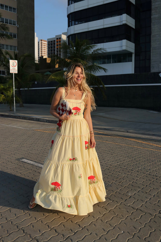 Vestido Amanda Cogumelo - vichy amarelo